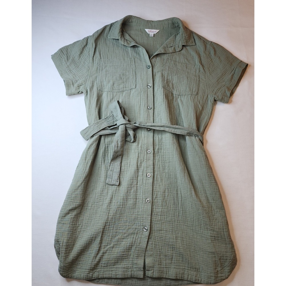Weatherproof Vintage Womens Sage Green Gauze Button Front Belted Shirt Dress S